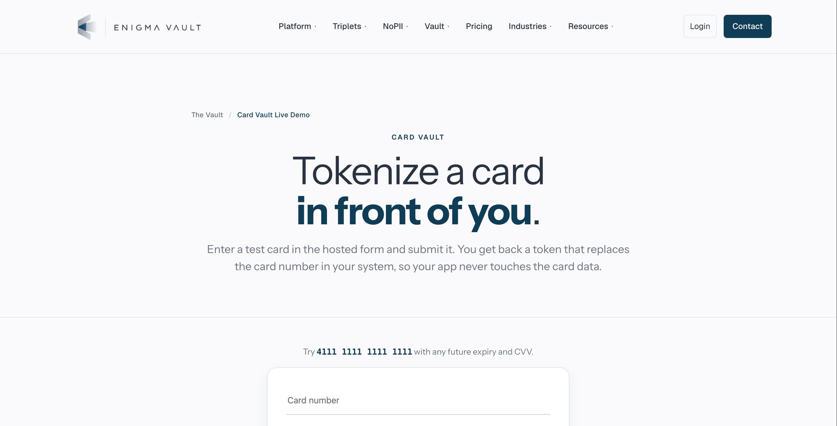 Enigma Vault Card Vault live demo page
