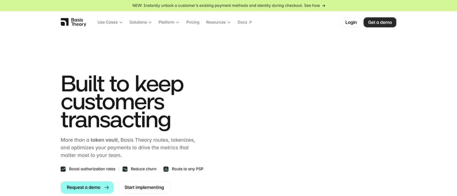Basis Theory homepage describing a token vault that routes and tokenizes payments