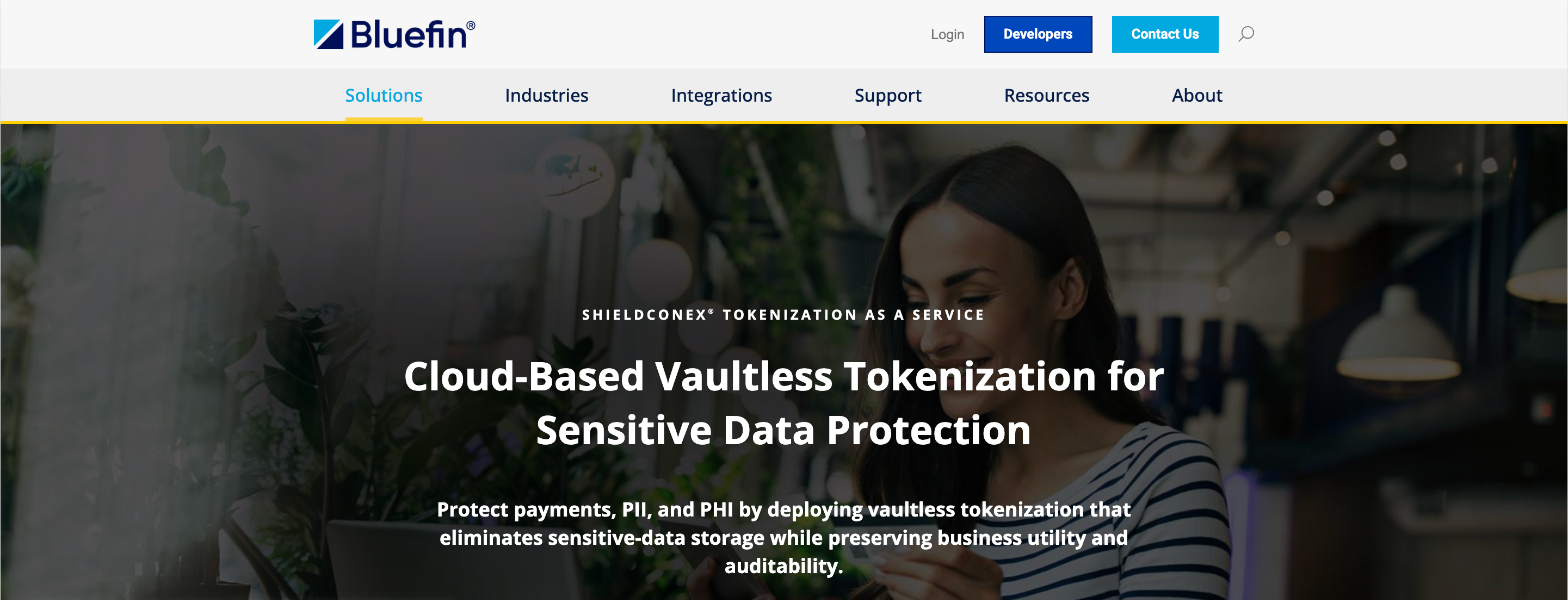 Bluefin ShieldConex page describing cloud-based vaultless tokenization