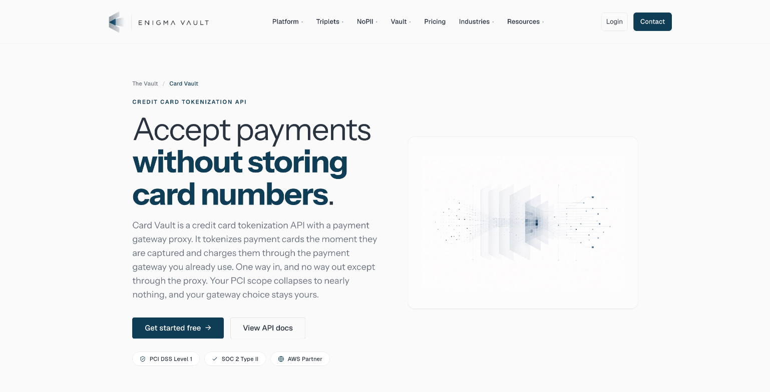 Enigma Vault Card Vault page, a credit card tokenization API
