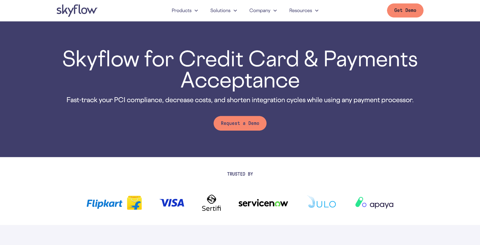 Skyflow for Credit Card and Payments Acceptance page