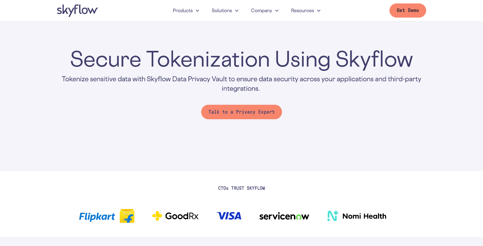 Skyflow secure tokenization page