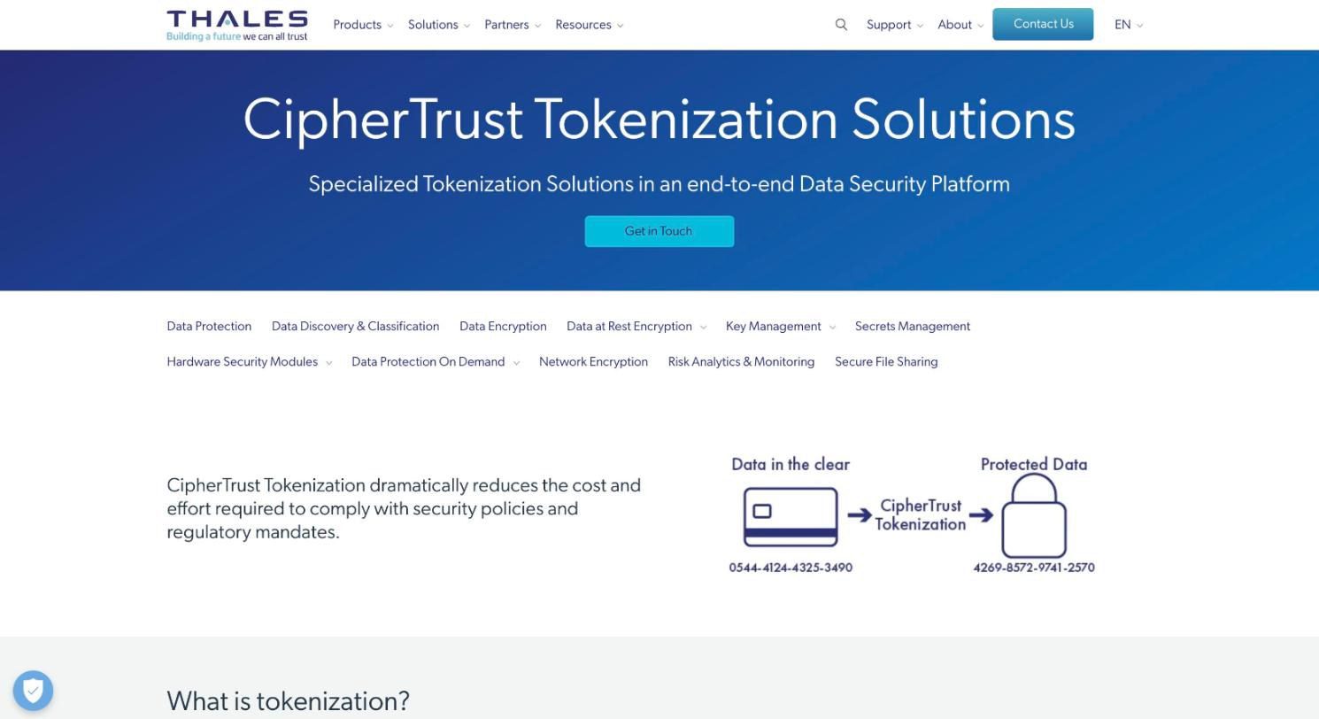 Thales CipherTrust Tokenization page showing a card number turned into a protected token