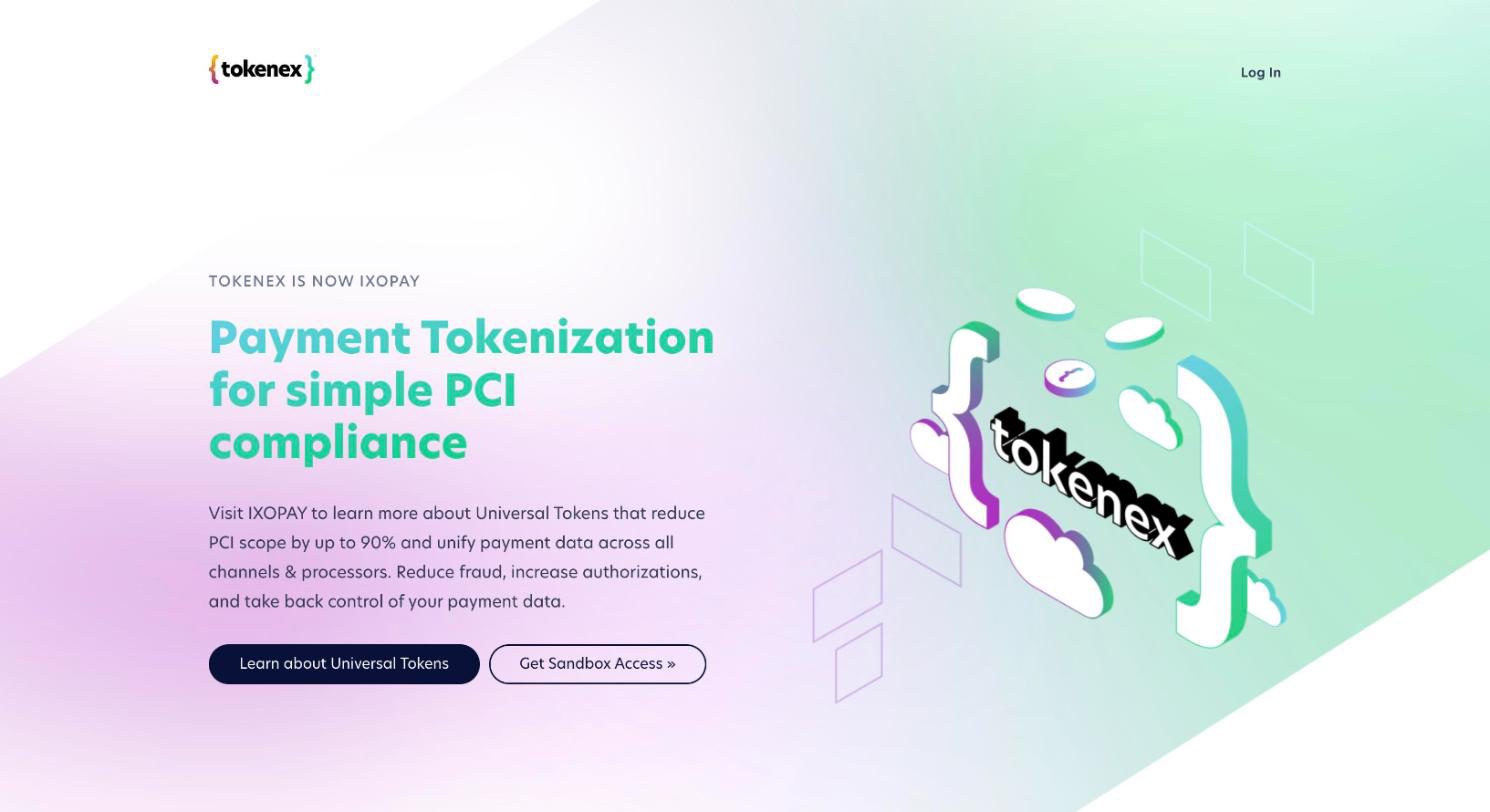 TokenEx homepage announcing that TokenEx is now IXOPAY, with payment tokenization for simple PCI compliance