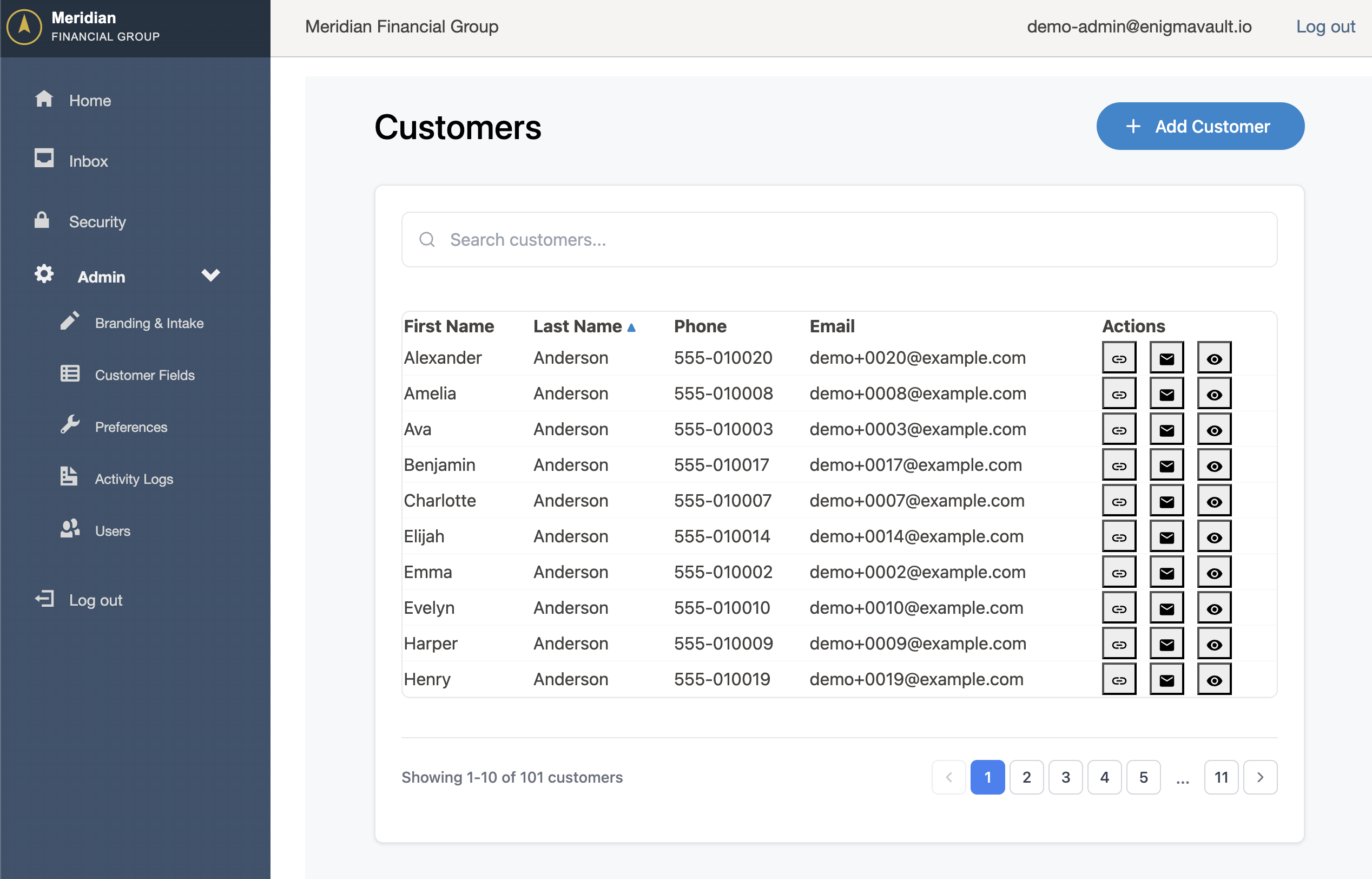 Customer management dashboard with search and filtering