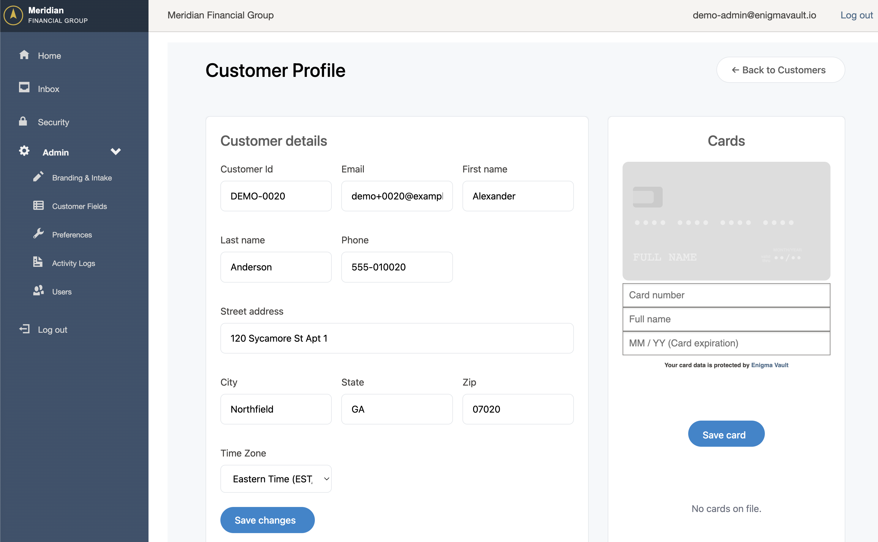Customer profile with details, card entry, and linked records