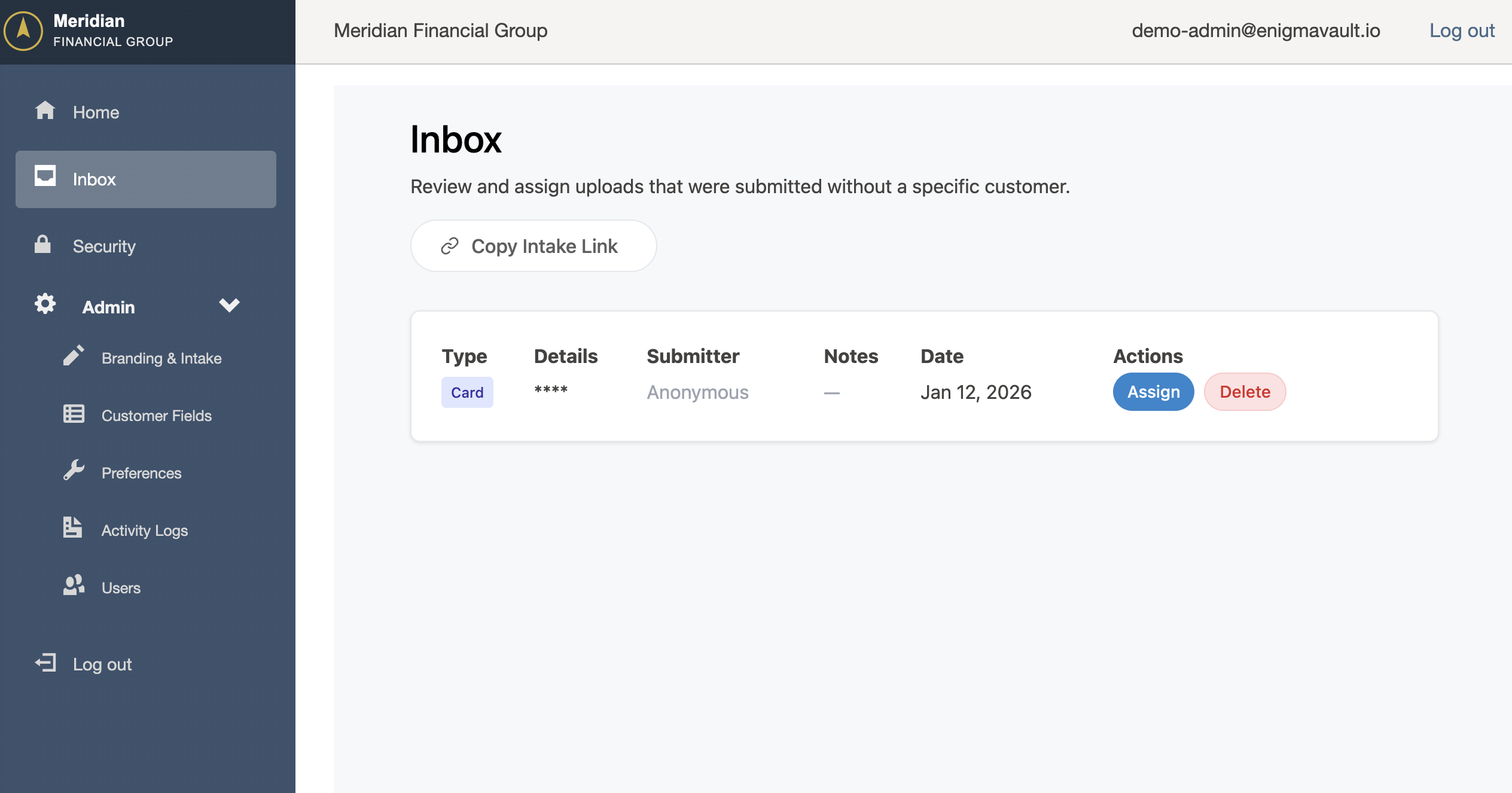 Staff inbox showing incoming customer submissions with assign and delete actions