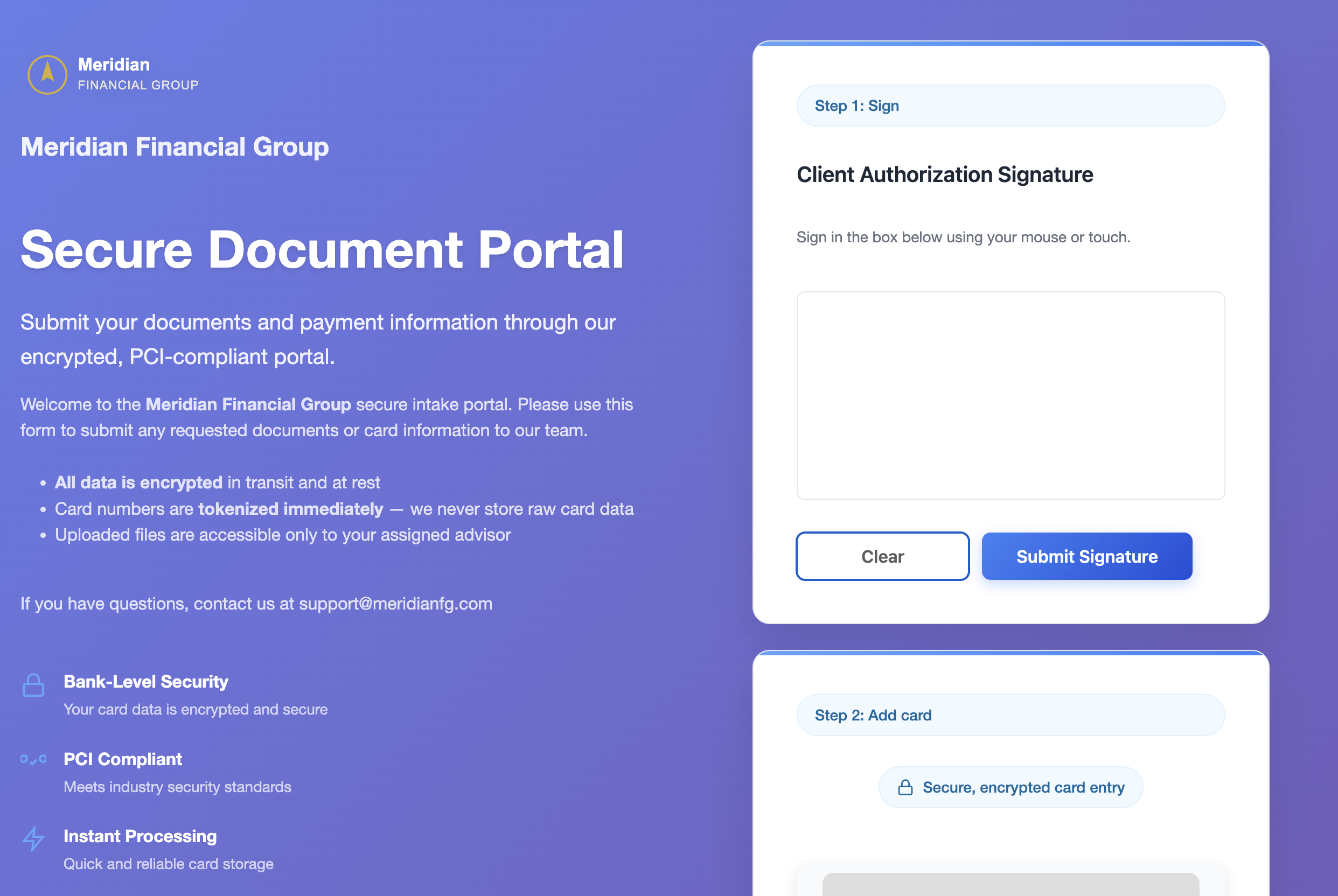 Branded public intake form with signature capture and card entry