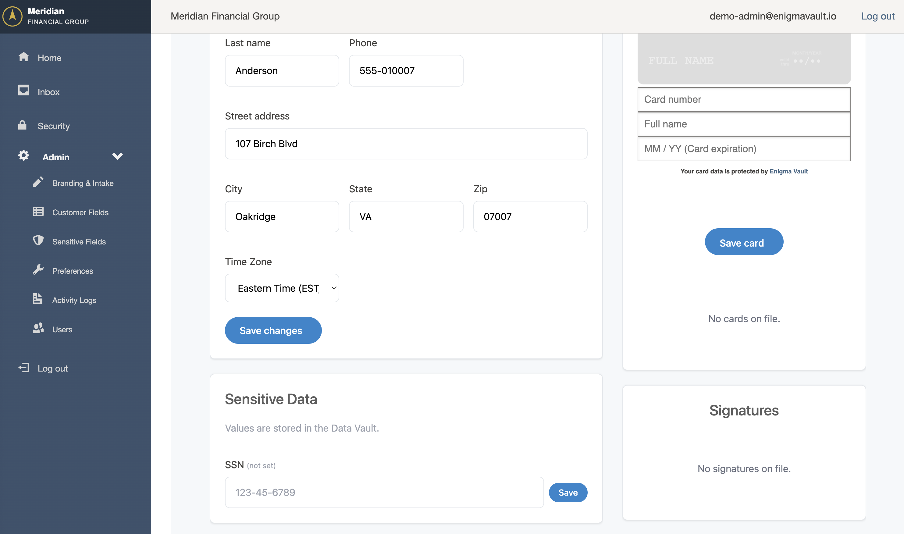 Customer profile with custom sensitive data fields tokenized through Data Vault
