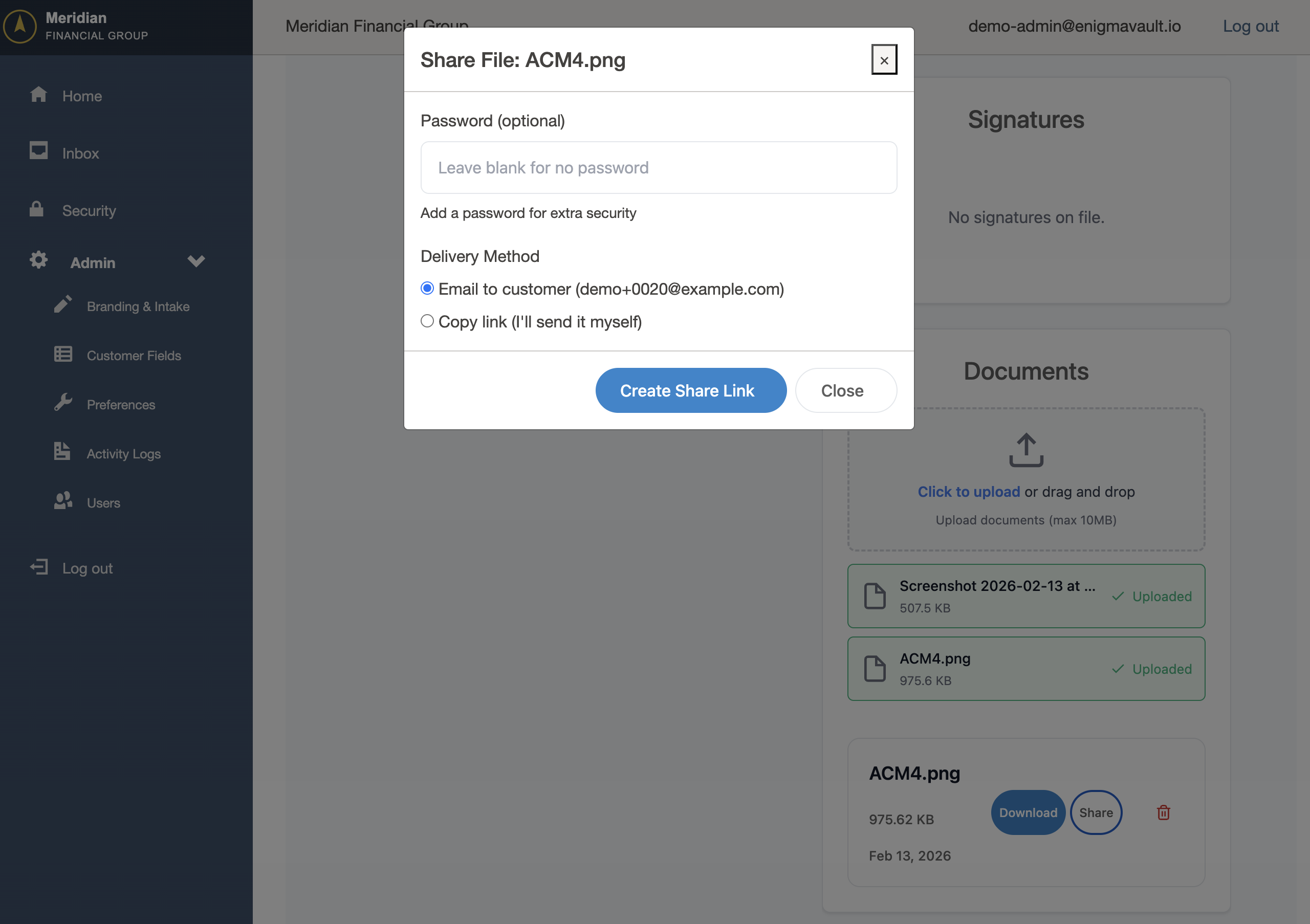 Share file dialog with password protection and delivery method options